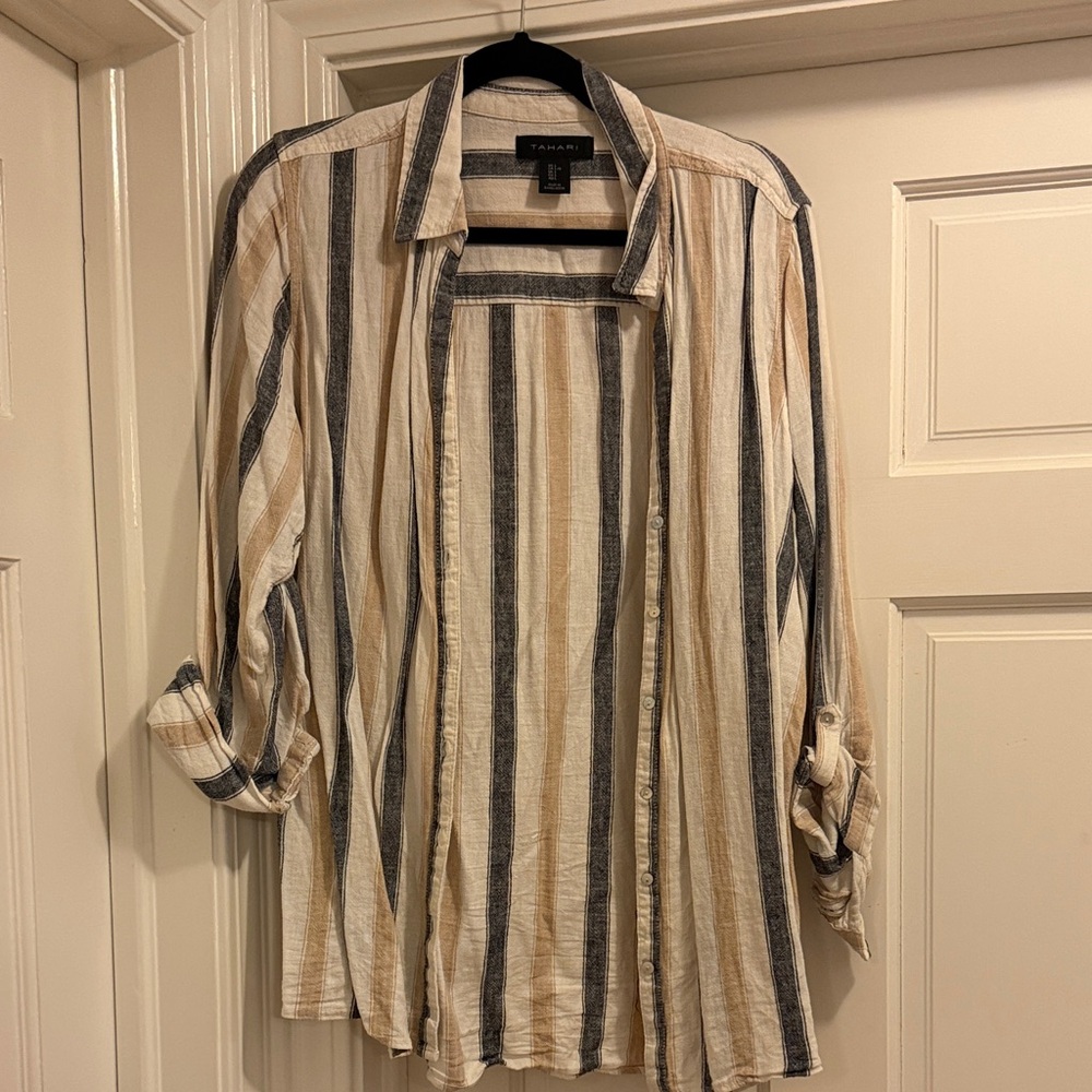 Tahari Beige and Blue Striped Linen Shirt